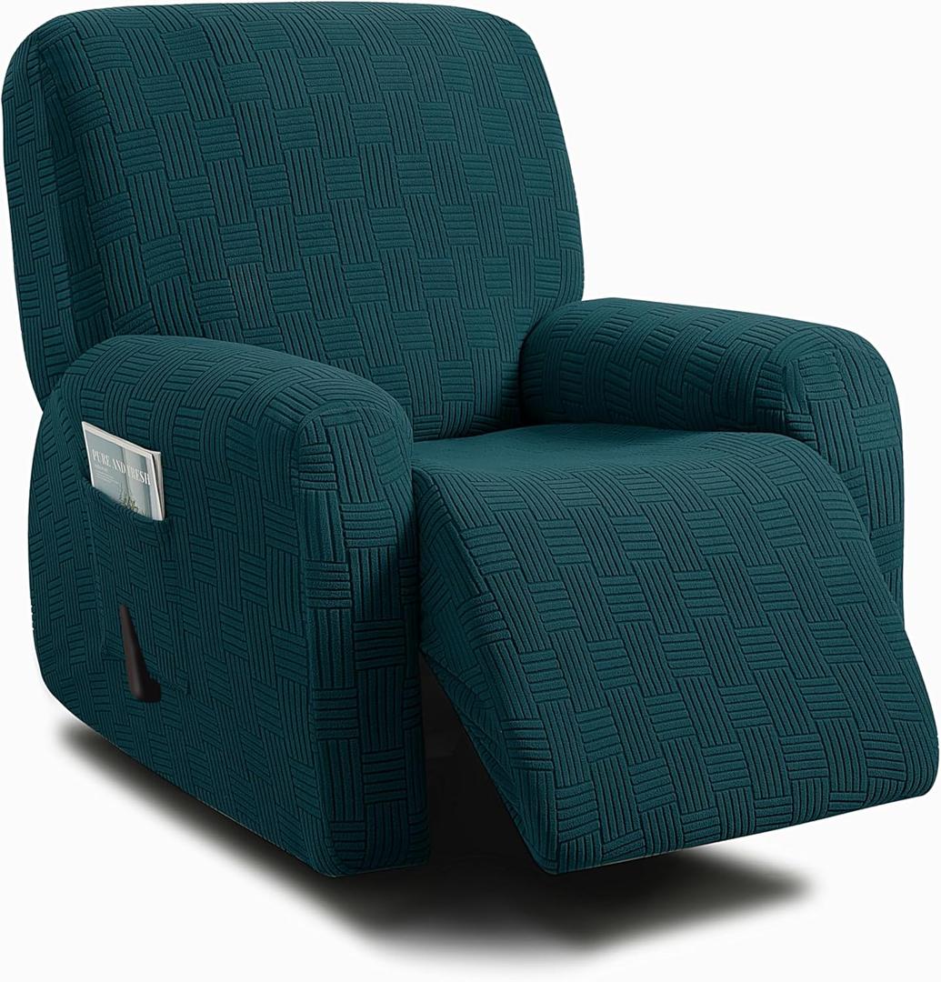 ULTICOR 4-Piece, 1 Seat Recliner Cover, Jacquared Stretch Reclining Chair Covers for 1 Cushion Reclining Sofa, Single Seat Recliner Couch Cover, Soft, Machine Washable (Style 4) (Deep Teal)