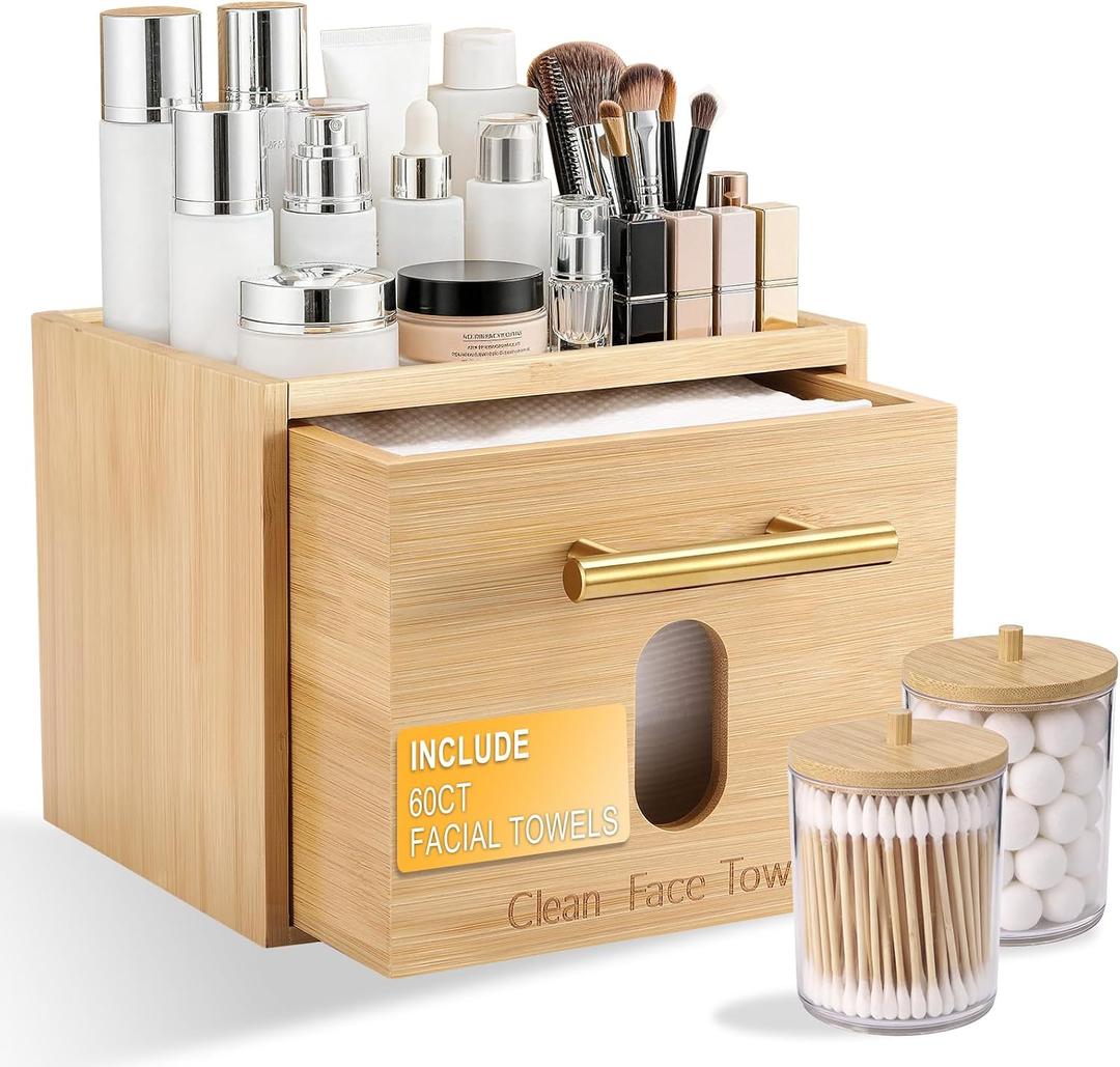 BSSN Face Towel Holder Bamboo Disposable Clean Towels Holder with Cotton Swab Box and 60ct Towels, Wall Mounted & Countertop Skincare Organizer, Bathroom Vanity Storage for Face Tissues & Makeup Pads