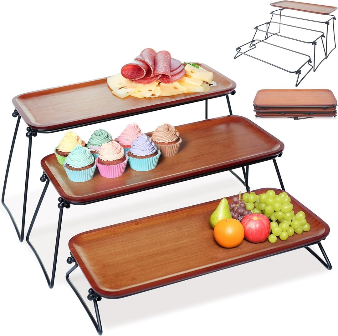 FINESSY 3 Tier Serving Tray, Dark Bamboo Tiered Tray Stand, Cake Stand & Cupcake Holder, Buffet Risers Serving Platters, Dessert Table Display Set, Charcuterie Board Set for Party Hosting Essentials (Medium)