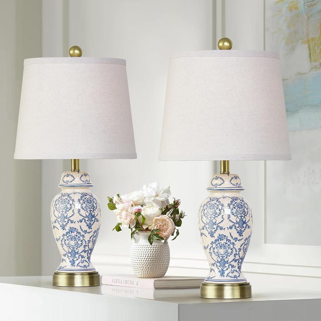 RORIANO Chinoiserie Ceramic Table Lamps Set of 2 for Living Room Bedroom Bedside, Traditional Blue Porcelain Classic Table Lamp for Nightstand Entryway, 2 LED Bulbs Included