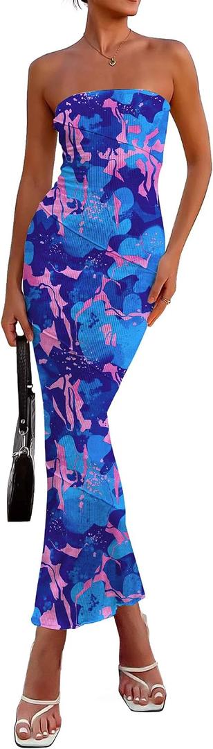 PRETTYGARDEN Women's 2026 Summer Floral Bodycon Maxi Dresses Ribbed Strapless Tube Casual Boho Party Long Dress (XXL)