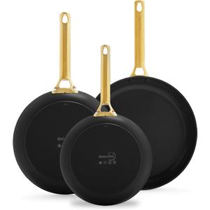 GreenPan Reserve Ceramic Nonstick 8" 9.5" and 11" Frying Pan Skillet Set, Hard Anodized, PFAS-Free, Gold-Tone Stainless Steel Handles, Dishwasher and Oven Safe, Black