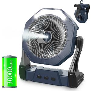 Ausic Portable Misting Fans for Outside, 30000mAh Outdoor Cooling Fan for Patios 250ml, 8 Inch Camping Battery Operated Rechargeable Fans, Spray Fan with Light & Hook for Beach, Tents, Travel (Grey)