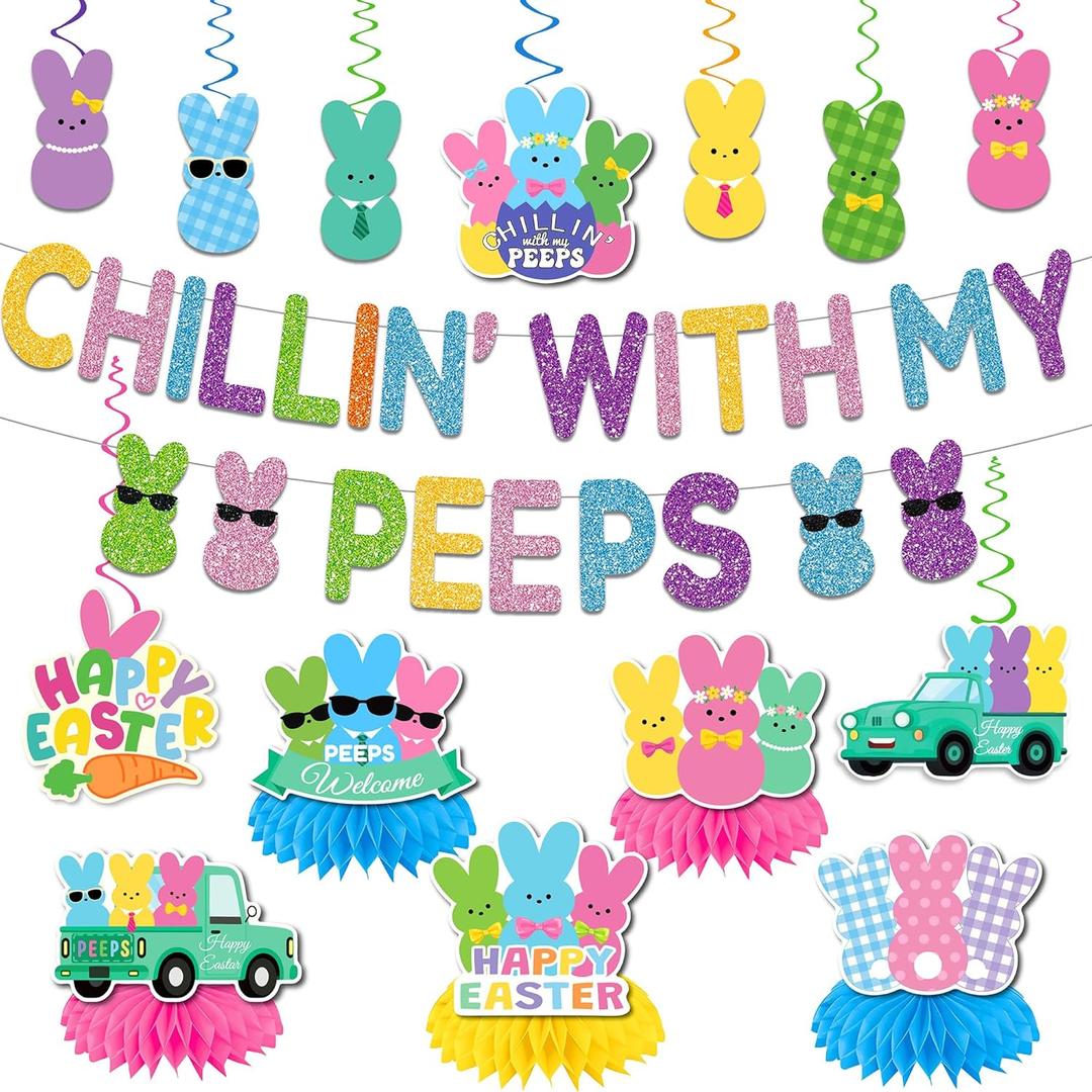 Easter Party Decorations, Glitter Chillin with My Peeps Banner Swirls, Peeps Decorations Honeycomb Centerpieces, Colorful Bunny Easter Banner for Classroom Office Home Spring Easter Party Supplies