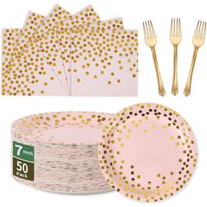 Pink and Gold Paper Tableware Set-150PCS-50 x 7'' Dessert Plates & 50 x 6.5'' Napkins & 50 x 7.3'' Forks,Disposable Party Supplies for Baby Showers,Birthday,Wedding,Bridal Showers,Anniversary