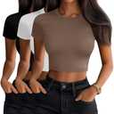 Neer 3 Pack Women's Crop Tops, Crew Neck Short Sleeve Cropped Shirts Slim Fitted Summer Casual Workout Basic Tight Tees(Black, White, Khaki,Large) (L)