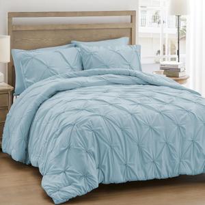 UNIKOME King Size Comforter Set Light Blue - Ultra Soft Boho Pintuck Down Alternative Bedding Set for All Seasons, 3 Pieces Lightweight Warm Pinch Pleat Bed Set with Comforter, 2 Pillowcases