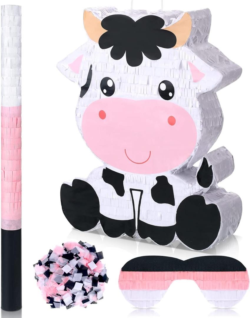 Seematn Cow Piata Dart Piata Bundle with a Blindfold, Bat and Confetti Birthday Party Supplies Large Piata 15.75 x 11.81 x 2.95'' for Kids Boy Construction Party Favors Decor