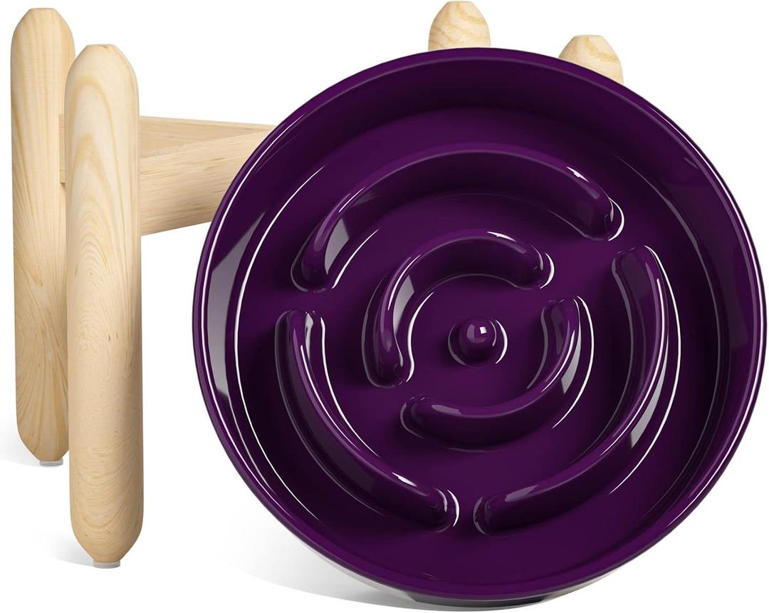LE TAUCI Ceramic Slow Feeder Dog Bowls Elevated, 3 Cups Raised Dog Bowl with Wooden Stand for Medium Large Breed, Dog Dishes to Slow Down Eating, Puzzle Dog Food Bowl, Maze Purple (L-3 Cups+Stand)