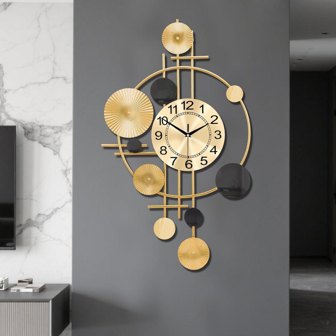 Large Wall Clocks for Living Room,Silent Non Ticking,Battery Operated Oversized Round Modern Wall Clock for Bedroom,Farmhouse,Office Wall Decor-17.7x29.97Inch(Golden)