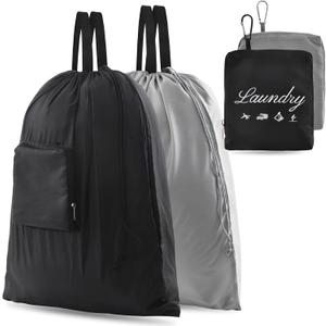 2 Pcs JHX Travel Laundry Bags, Dirty Clothes OrganizerUpgradedwith Handles and Aluminum Carabiner for Travel, Camp, Fitness, and Students (Black&Grey) 24"L x 21"W