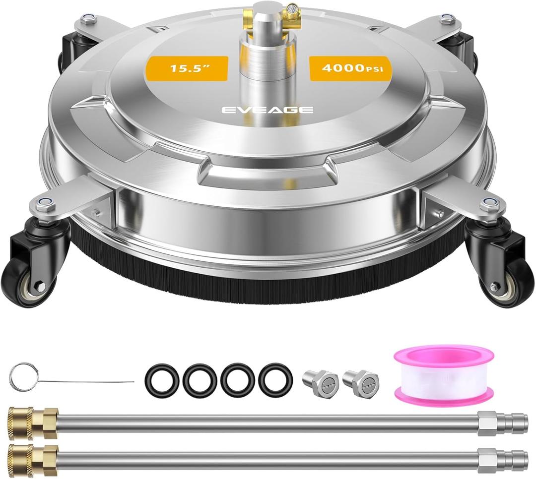 EVEAGE 15.5" Pressure Washer Surface Cleaner, Power Washer Surface Cleaner with 4 Wheels, Stainless Steel Housing Power Washer Accessories with 2 Extension Wand, 2 Replacement Nozzles, 4000 PSI