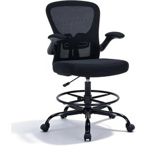 Drafting Chair Tall Office Chair, Standing Desk Chair with Flip-Up Armrests, Breathable Mesh High Chair Adjustable Height, Ergonomic Computer Chair with Lumbar Support and Adjustable Footrest Ring
