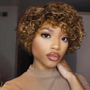 Short Curly Human Hair Wig for Black Women Mixed Brown Curly Bob Wigs Side Part Pixie Cut Wig Brazilian Remy Human Hair Non Lace Glueless Wigs (P4/27/30)