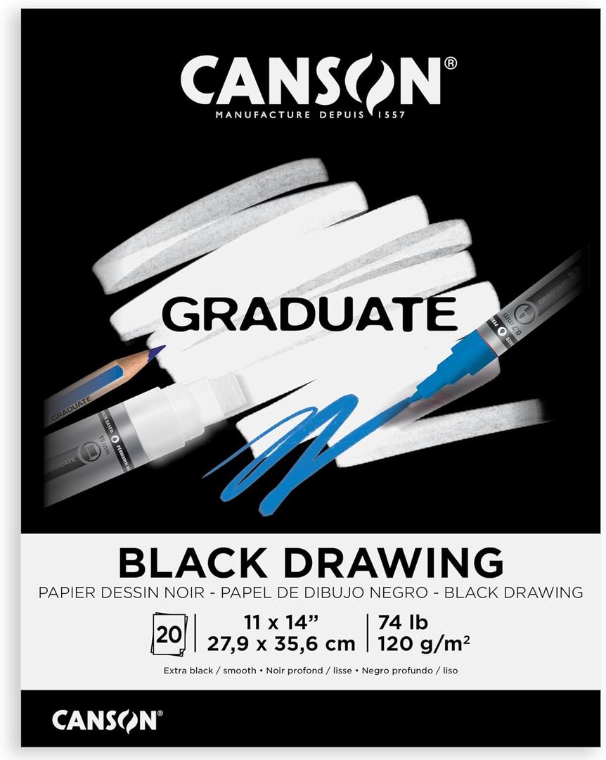 Canson Graduate Black Drawing Pad, Foldover, 11x14 inch, 20 Sheets | Artist Paper for Adults and Students - Drawing, Sketching and Art Journaling