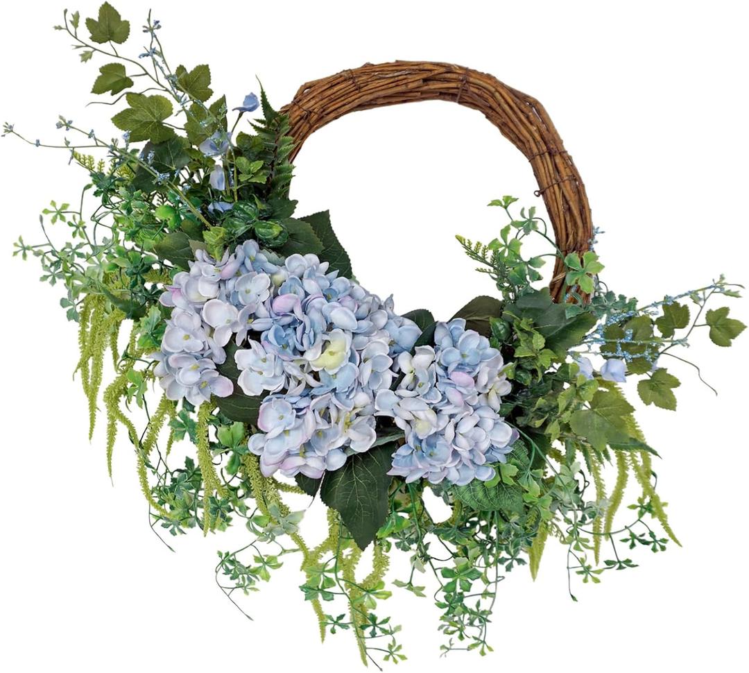 18 Inch Blue Faux Hydrangea Half Wreath, Spring Summer Year-Round Floral Wreaths Decor, Romantic Blooming Accent for Front Door, Porch, Living Room, Bedroom, Wall, Wedding Decorations