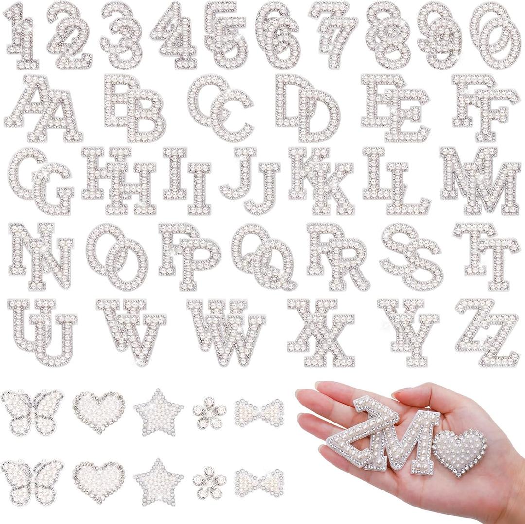 82Pcs Self Adhesive Pearl Letter Patches (A-Z),Number Patch 0-9,Glitter Pearl Letter Patches Rhinestone Applique for DIY Clothes, Bags, Shoes White