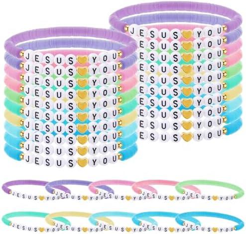 Landical 30 Pcs Jesus Loves You Bracelets Bulk Friendship Bracelets Clay Bead Christian Wristbands for Kids Religious Jesus Loves You Wristbands Halloween Christmas Sunday(Pastel)