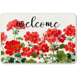 Spring Welcome Doormat Red Floral Doormat Outdoor Entrance Rugs Decorative Door Mats for Summer Outside Entrance Indoor Living Room Bathroom Decor,15.75x23.62 Inch