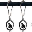Black Raven Shower Curtain Hooks,12Pcs Halloween Spooky Crow Rustproof Metal Shower Curtain Rings, Gothic Retro Bird Home Bathroom Decor