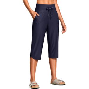 Women's Swim Capris Pants 15" High Waist Tummy Control Quick Dry UPF 50+ Long Board Shorts with Liner and Pockets (Large)