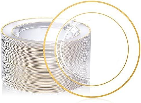FOCUSLINE 100 Count 10 Inch Clear and Gold Plastic Plates, Disposable Heavy Duty Clear Plates with Gold Rim, Premium Hard Plastic Plate Fancy Disposable Dinner Plate for Wedding Parties