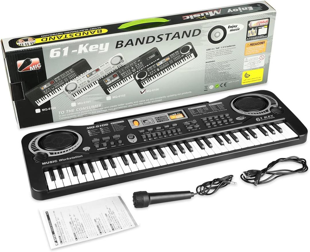 61 Key Piano Keyboard, Beginner Electronic Keyboard for Kids with Teaching Mode, 6 Demo Songs, 16 Tones, Microphone and Power Supply, Kids Piano Keyboard for Birthday Gift