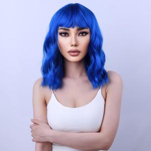 Blue Wig Short Curly Wig with Bangs Dark Blue Wig for Women Short Wave Wig Synthetic Wigs for Cosplay Costume Party with Wig Cap