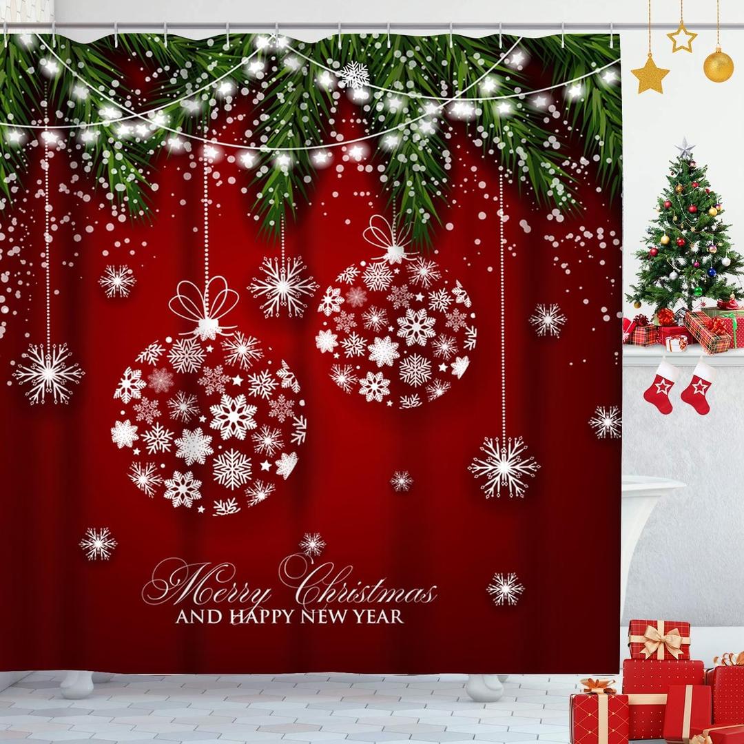 Emvency Christmas Balls Shower Curtain, Fir Branches Waterproof Fabric Bathroom Winter Red Shower Curtain Set with 12 Hooks 72"X72"