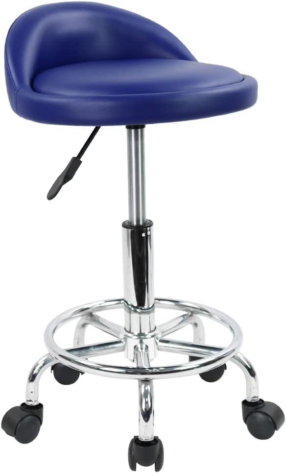 KKTONER PU Leather Round Rolling Stool with Foot Rest Height Adjustable Swivel Drafting Work SPA Task Chair with Wheels (Blue)