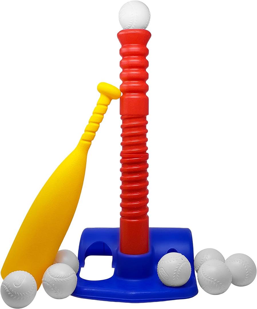 Fun Kids T-Ball Set/Tee Ball - Toddlers and Kids Adjustable Batting Tee Game W/ 10 Balls. Develops and Improves Baseball, Softball, Skills - Sports Toy for Boys and Girls, Children All Ages