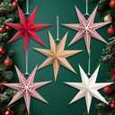 5 Pcs 7-Pointed Paper Star Lanterns 12 Inch Red and White Christmas Hanging Stars 3D Paper Star Ornaments Foldable for Wedding Birthday Xmas Home Party Decor