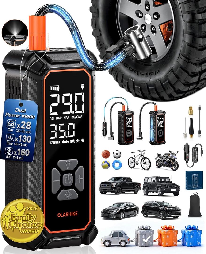 OlarHike Cordless Tire Inflator Portable Air Compressor, Dual Power Mode - 9000 mAh & 12V DC, Air Pump for Car Tires, Motorcycle, Bicycle, Electric Pump with LED Light & Digital Pressure Gauge (9000mAh (SUV&Pickup Truck))