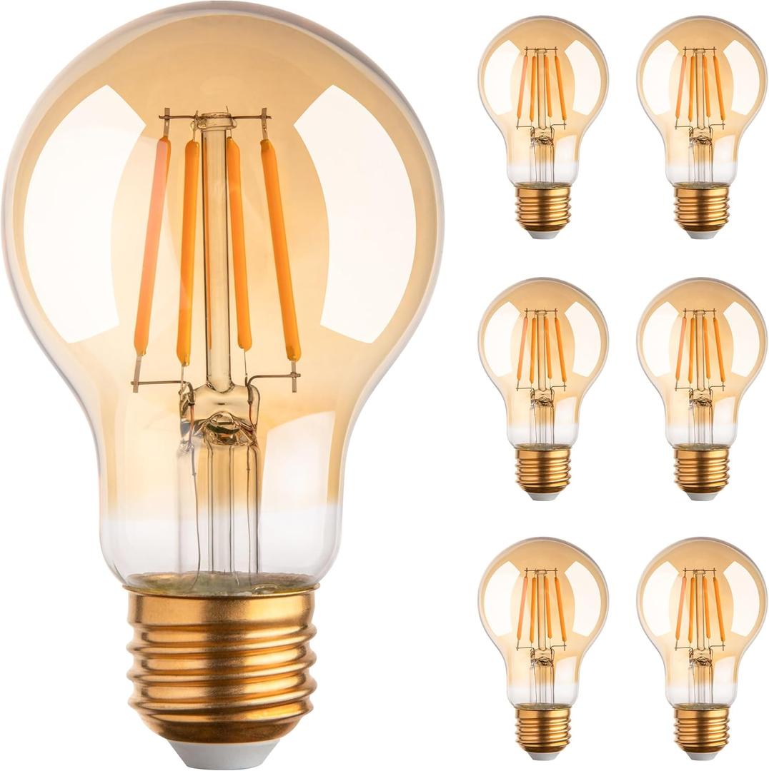 2700K Warm Light Edison Bulbs, Vintage Warm Yellow A19 Edison Bulb, Dimmable Amber Led Soft Light Bulbs, Old Style Retro Filament Bulb, 4 Watt, 6 Pack, E26 Base