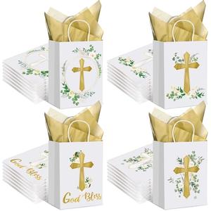 Thenshop 24 Pack Christian Gift Bags with Tissue Paper Baptism First Communion Gifts Bag Christening Religious Party Bag Cross God Bless Bag with Handle for First Communion Baptism Church Party Favor