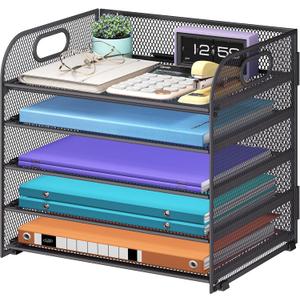 5 Tier Paper Organizer with Handle, Metal Mesh Desk Organizer File Folder Paper Letter Tray Desktop Document Sorter for Classroom, School, Office Accessories Organization and Storage - Grey 