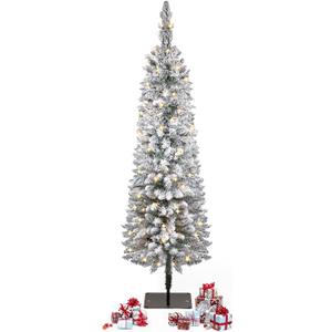 Snow Flocked Christmas Tree Pre-Lit with Warm Lights, White Frosted Pencil Noble Fir, Lighted Slim Artificial Xmas Tree Metal Stand, Premium Holiday Decoration UL Listed 4FT