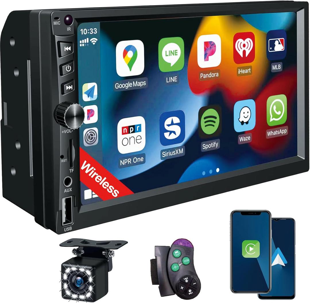 Wireless Double Din Car Stereo Works with Apple Carplay,7 Inch HD 1024 * 600 Touchscreen with Bluetooth 5.1,FM Car Radio,GPS Navigation,Backup Camera,Android Auto,Voice ControlUSB/AUX/TF/SWC