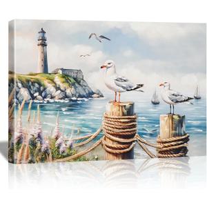 DRLWGTY Large Canvas Wall Art, Framed Vintage Coastal Wall Decor – Seagull by the Sea with Lighthouse and Waves,Hand-Painted Accent Details for Bedroom Living Room Office (Seagulls, 28*40 in, Wrapped Canvas)