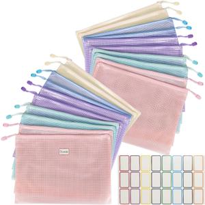 MultiBey 20 Pack A4 Mesh Zipper Pouch Bags with Labels, Waterproof Plastic Zipper Pouches for Organizing Board Games, Puzzles, Documents Office Supply and Home Organizer, 5 Macaron Colors