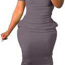 Women's Casual Short Sleeve Dress T Shirt Bodycon Dresses Ribbed V Neck Maxi Sundress Basic Party Club Dress with Pocket, Size 2XL, Purple 