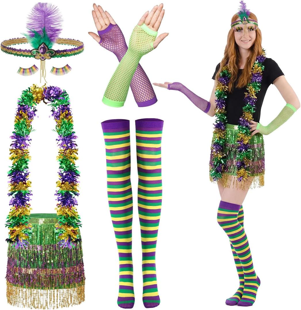 SATINIOR 8 Pcs Mardi Gras Costume Set Women, Tutu Skirt Outfit with Feather Boa & Headband, Carnival Party Favor Accessories (S)