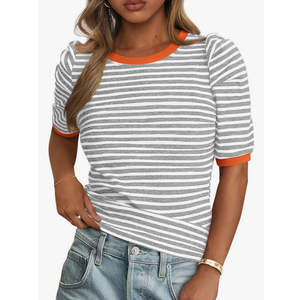Women's Summer Puff Sleeve Tops Casual Ribbed Knit Crop Top Color Block Trendy Crewneck Striped Shirts M