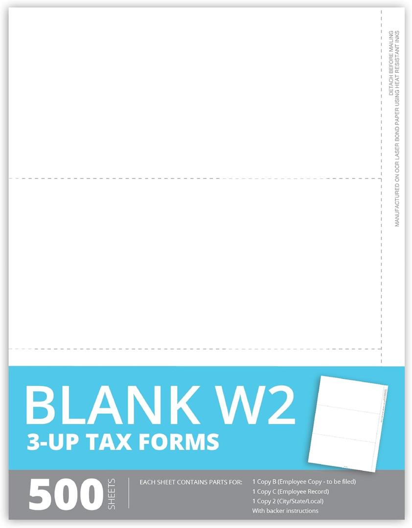 Blue Summit Blank W2 3 Up Tax Forms 2025, W2 Perforated Paper 500 Employee Sets, Ideal for E-Filing, Compatible with Quickbooks and Laser or Inkjet Printers, 500 Sheets