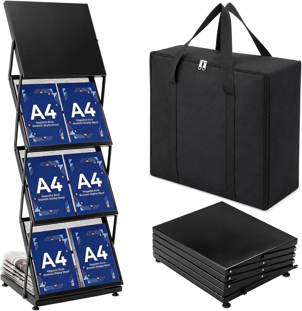 AmazingSpark Brochure Display Stand Foldable Magazine Rack Portable Double A4 Size Literature Brochure Holder Magazine Rack Metal 10 Pockets with Carrying Bag for Trade Show Exhibition Office (4-tier)