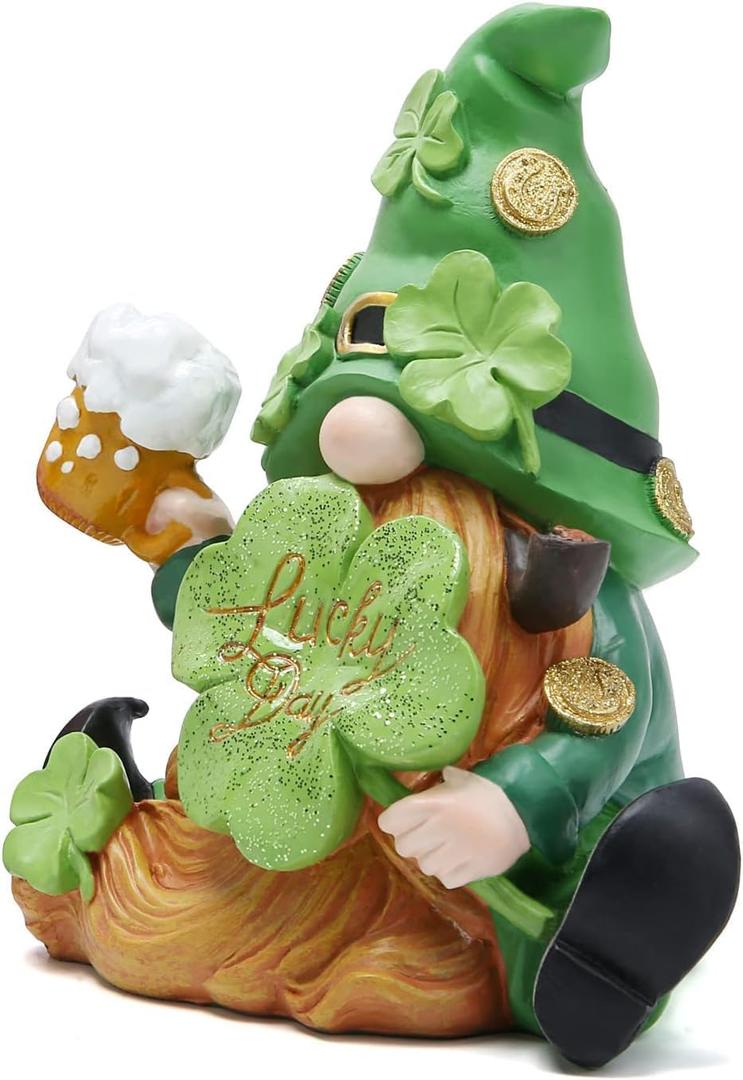 Hodao St. Patricks Day Leprechaun Gnome Figurine, Hand-Painted Resin Lucky Irish Decor with Shamrock and Beer Mug, 6 Inch Tabletop Ornament for St Paddys Day Home, Shelf, Mantel Gift (Set of 1)