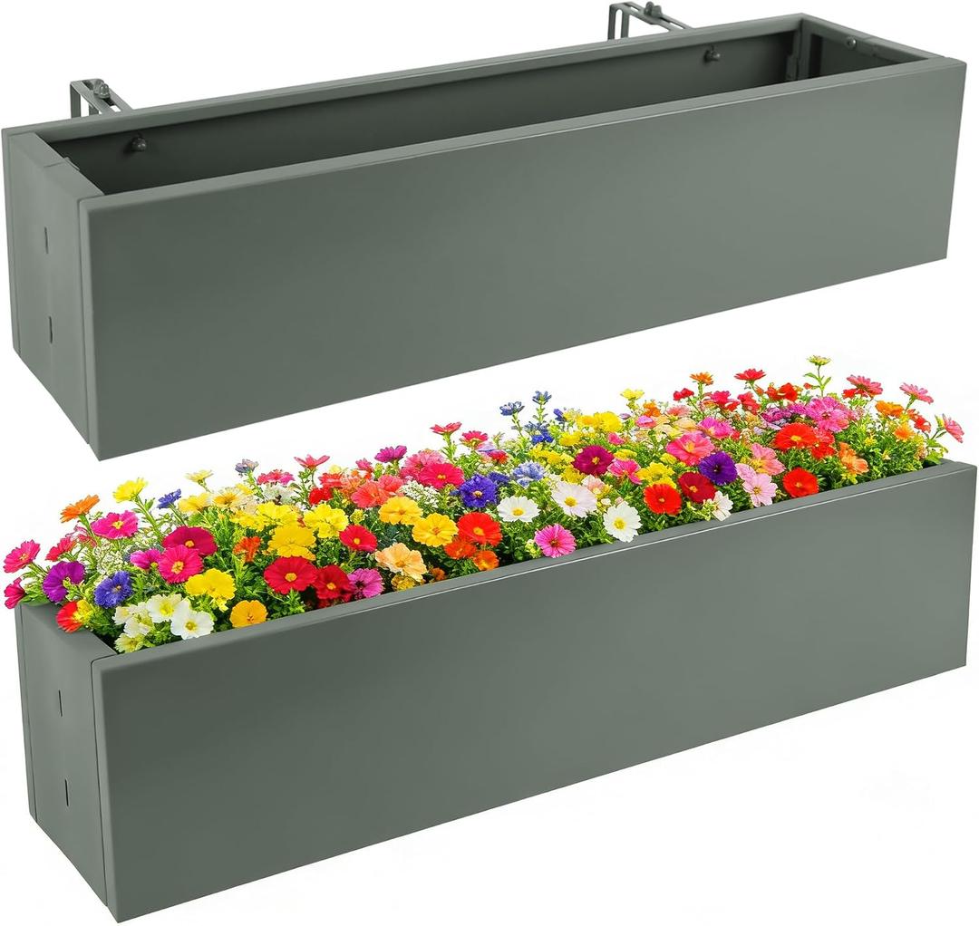 2 Pack Metal Railing Planter Box, 30 Inch Balcony Planters with Adjustable Brackets, Large Hanging Planters for Outdoor Fence Deck