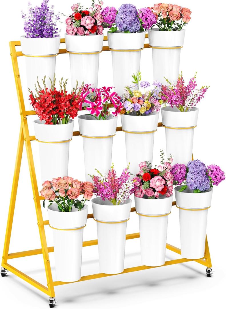 Asee'm Flower Display Stand with Buckets, 3 Layer Metal Flower Bar Stand, Heavy Duty Flowers Cart Display with Wheels Moving Plant Bouquet Shelf for Indoor Outdoor Patio Decor Terrace Wedding Gold