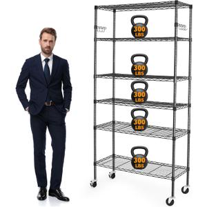 6 Tier Storage Shelves with Wheels, 2100lbs Capacity Heavy Duty Shelving Units, 14x36x75inch Adjustable Metal Shelf Wire Shelving Rack for Garage, Kitchen, Office, Black
