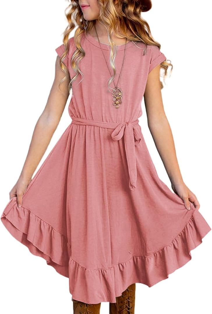 blibean Girls Summer Dresses Shorts Sleeve Kids Casual Dress 4-13 Years (Pink, XL)